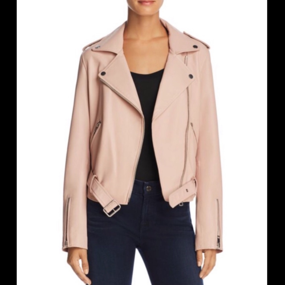 NWT Aqua Belted Genuine Leather Moto Jacket • blush pink w/ silver hardware • M